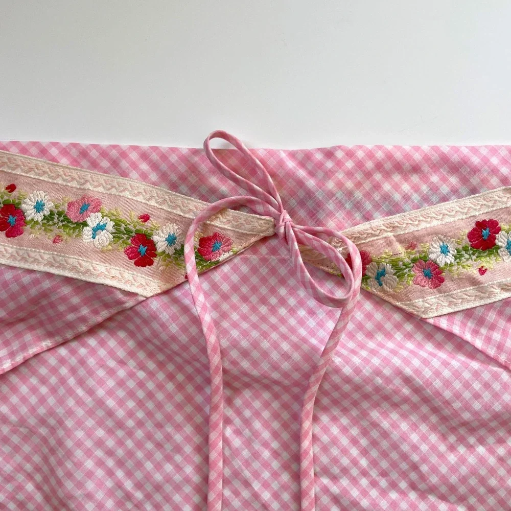 Vintage Pink Gingham Floral Embroidered Tie Back Head Scarf Bandana Folk Cottage